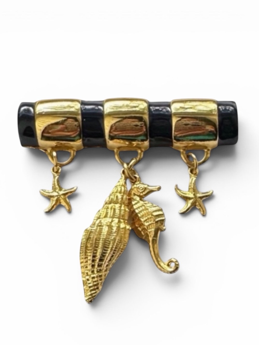 Navy Enamel Goldtone Seahorse and Starfish Dangle Charm Bar Pin Brooch
